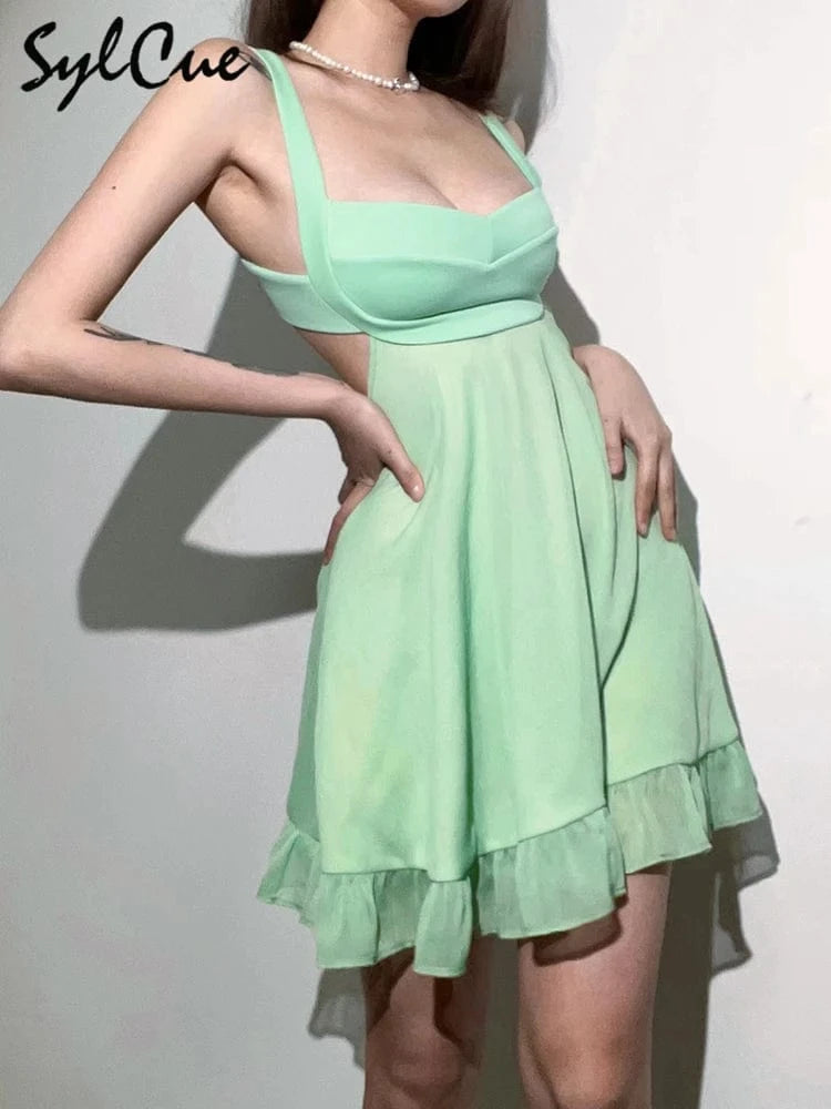 Sylcue Mint Green Fresh Forest Girl Vitality Cute Playful Natural Free Breathable Summer Sexy Women's Suspender Dress A-Line