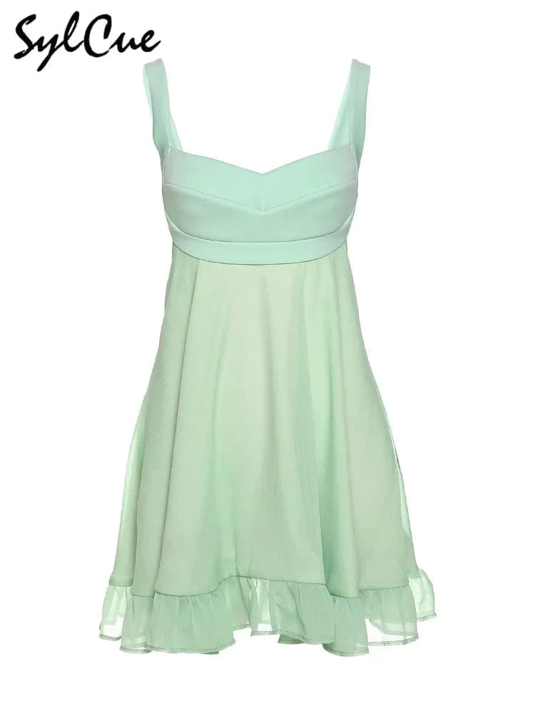 Sylcue Mint Green Fresh Forest Girl Vitality Cute Playful Natural Free Breathable Summer Sexy Women's Suspender Dress A-Line