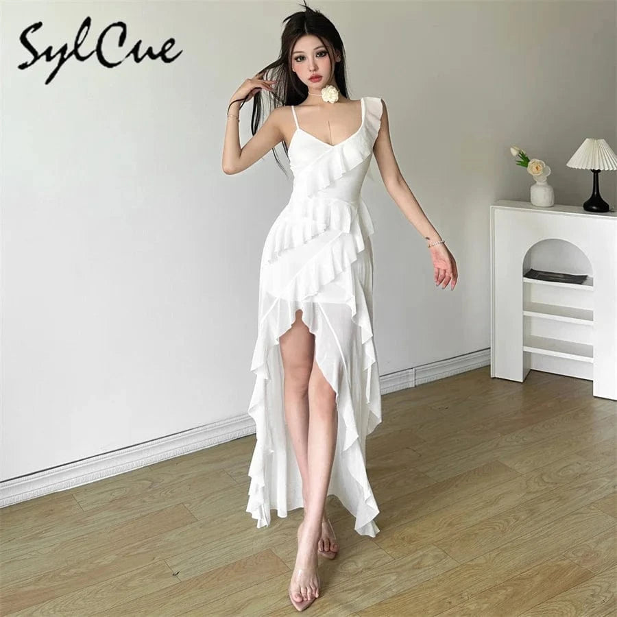 Sylcue White Sweet Gentle Mature Sexy Beautiful Summer Street Out Women'S Thin Perspective Tassel Design Long Sling Dress