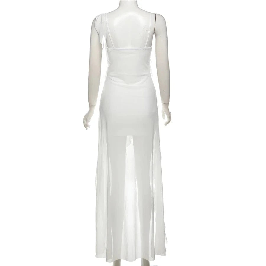 Sylcue White Sweet Gentle Mature Sexy Beautiful Summer Street Out Women'S Thin Perspective Tassel Design Long Sling Dress