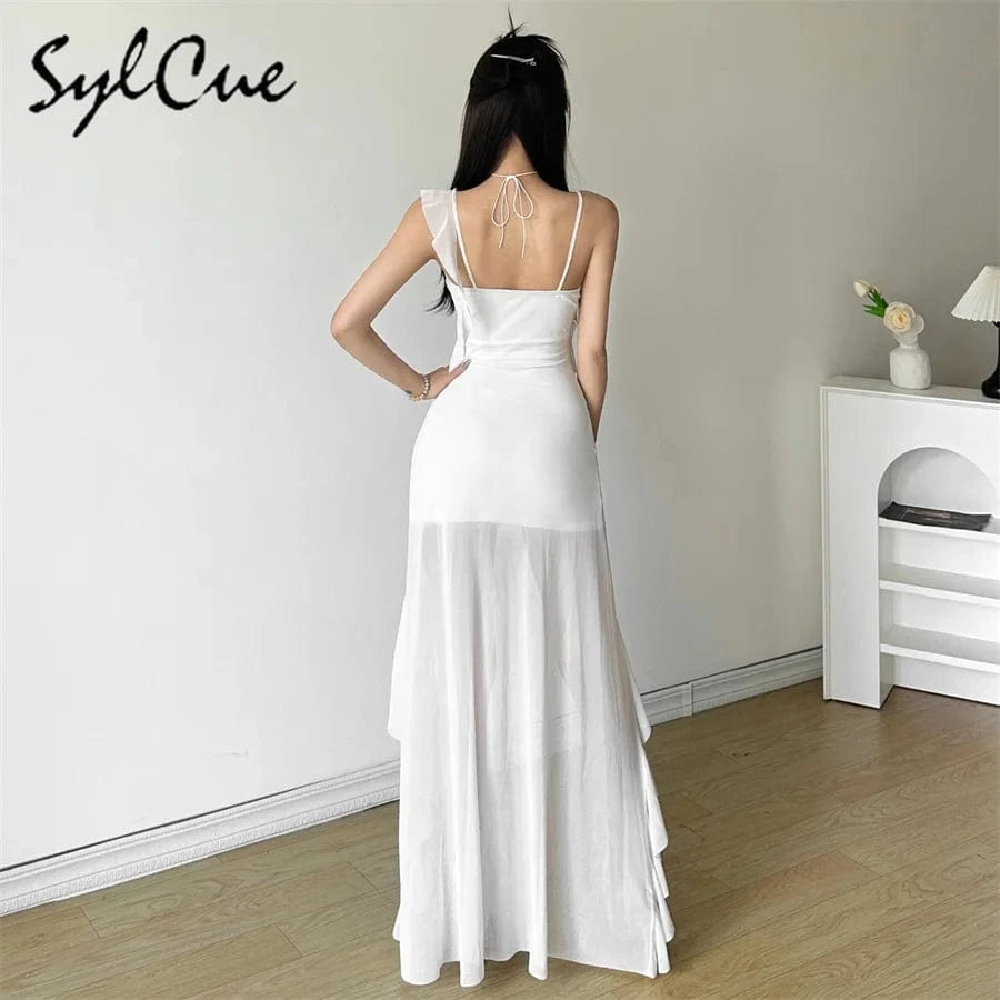Sylcue White Sweet Gentle Mature Sexy Beautiful Summer Street Out Women'S Thin Perspective Tassel Design Long Sling Dress