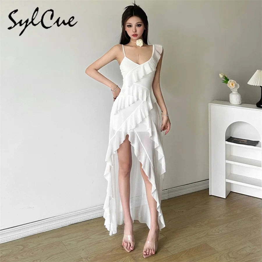 Sylcue White Sweet Gentle Mature Sexy Beautiful Summer Street Out Women'S Thin Perspective Tassel Design Long Sling Dress
