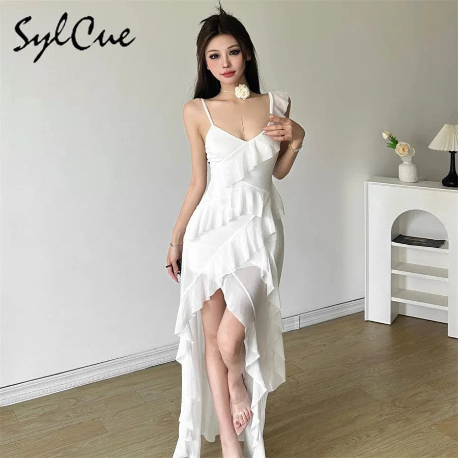 Sylcue White Sweet Gentle Mature Sexy Beautiful Summer Street Out Women'S Thin Perspective Tassel Design Long Sling Dress