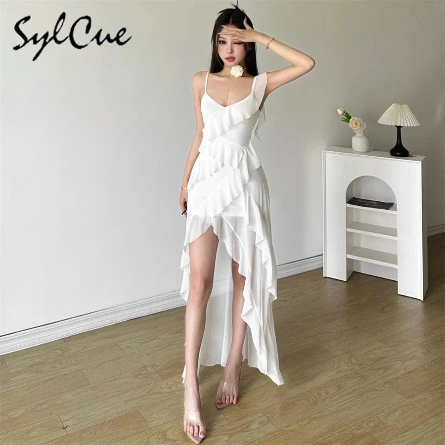 Sylcue White Sweet Gentle Mature Sexy Beautiful Summer Street Out Women'S Thin Perspective Tassel Design Long Sling Dress
