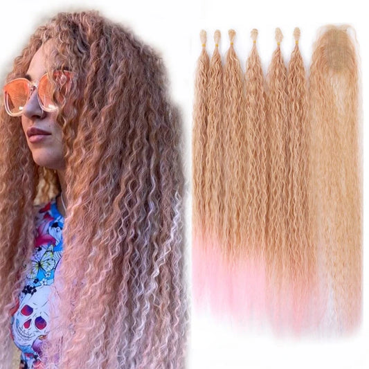 Synthetic Long Kinky Curly Hair Weave Bundles Hair Extensions Ombre Brown Pink Grey Loose Deep Wave Bulk Hair For Women Blonde