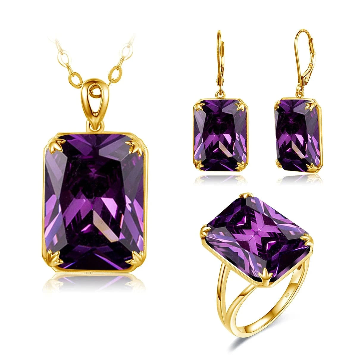 Szjinao Trendy Women Sparkling Purple Gemstone Necklace Pendant Earrings Ring Real 925 Silver Gold Plated  Amethyst Jewelry