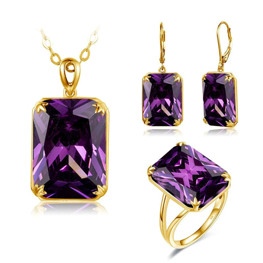 Szjinao Trendy Women Sparkling Purple Gemstone Necklace Pendant Earrings Ring Real 925 Silver Gold Plated  Amethyst Jewelry