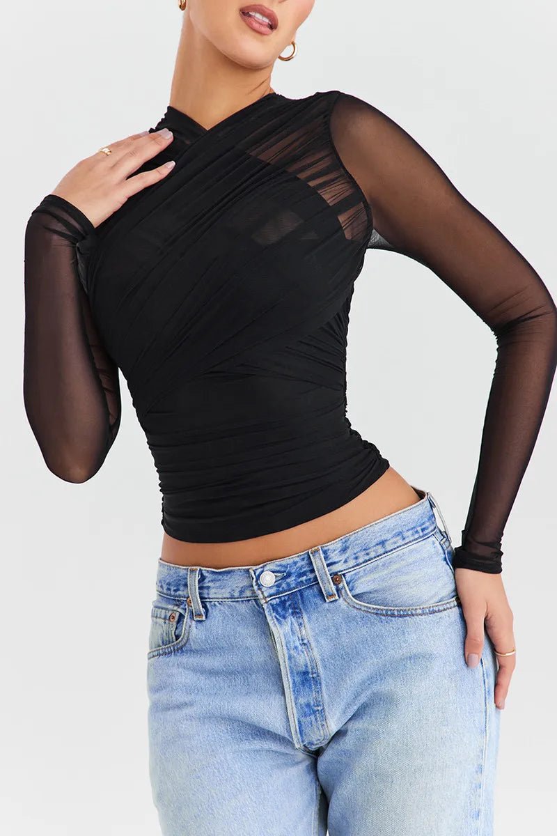 T Shirt – Sheer Mesh Long Sleeve V Neck Zipper Detail With Layered Skinny Fit For Club Party Style - SN Wigs & More