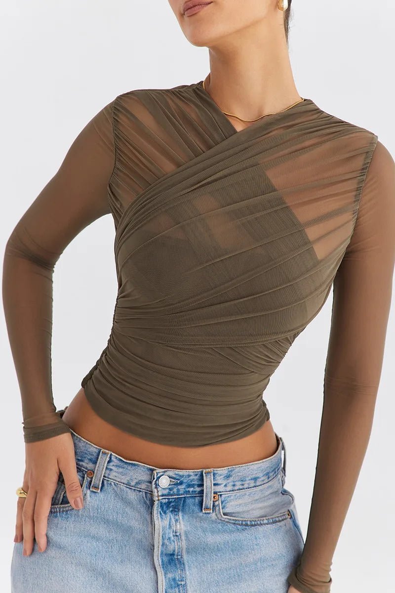 T Shirt – Sheer Mesh Long Sleeve V Neck Zipper Detail With Layered Skinny Fit For Club Party Style - SN Wigs & More