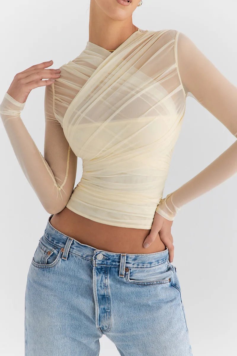 T Shirt – Sheer Mesh Long Sleeve V Neck Zipper Detail With Layered Skinny Fit For Club Party Style - SN Wigs & More
