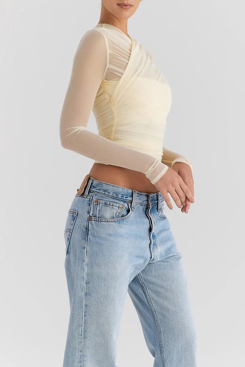 T Shirt – Sheer Mesh Long Sleeve V Neck Zipper Detail With Layered Skinny Fit For Club Party Style - SN Wigs & More