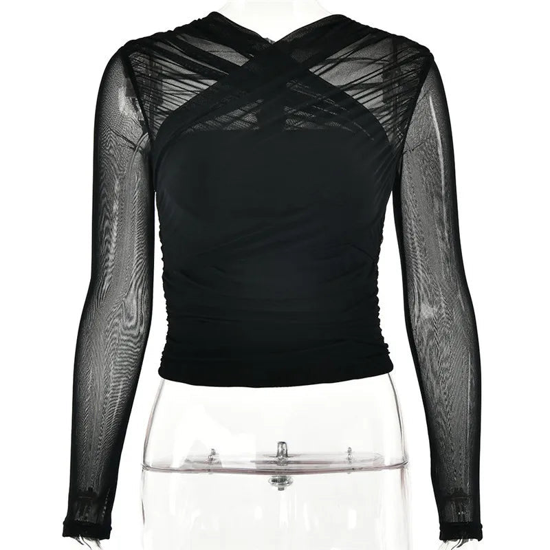 T Shirt – Sheer Mesh Long Sleeve V Neck Zipper Detail With Layered Skinny Fit For Club Party Style - SN Wigs & More