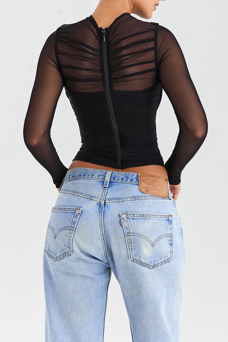 T Shirt – Sheer Mesh Long Sleeve V Neck Zipper Detail With Layered Skinny Fit For Club Party Style - SN Wigs & More