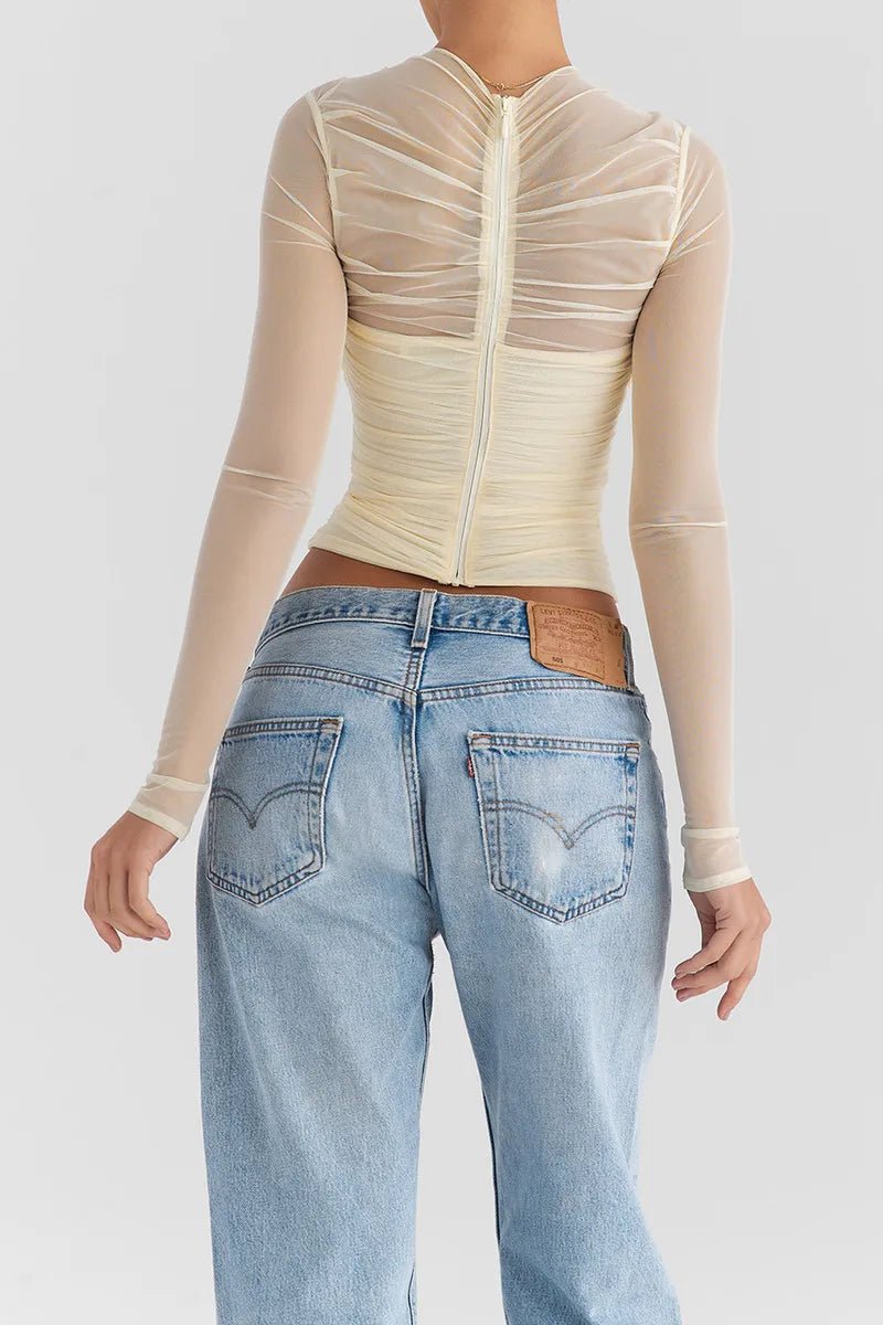 T Shirt – Sheer Mesh Long Sleeve V Neck Zipper Detail With Layered Skinny Fit For Club Party Style - SN Wigs & More