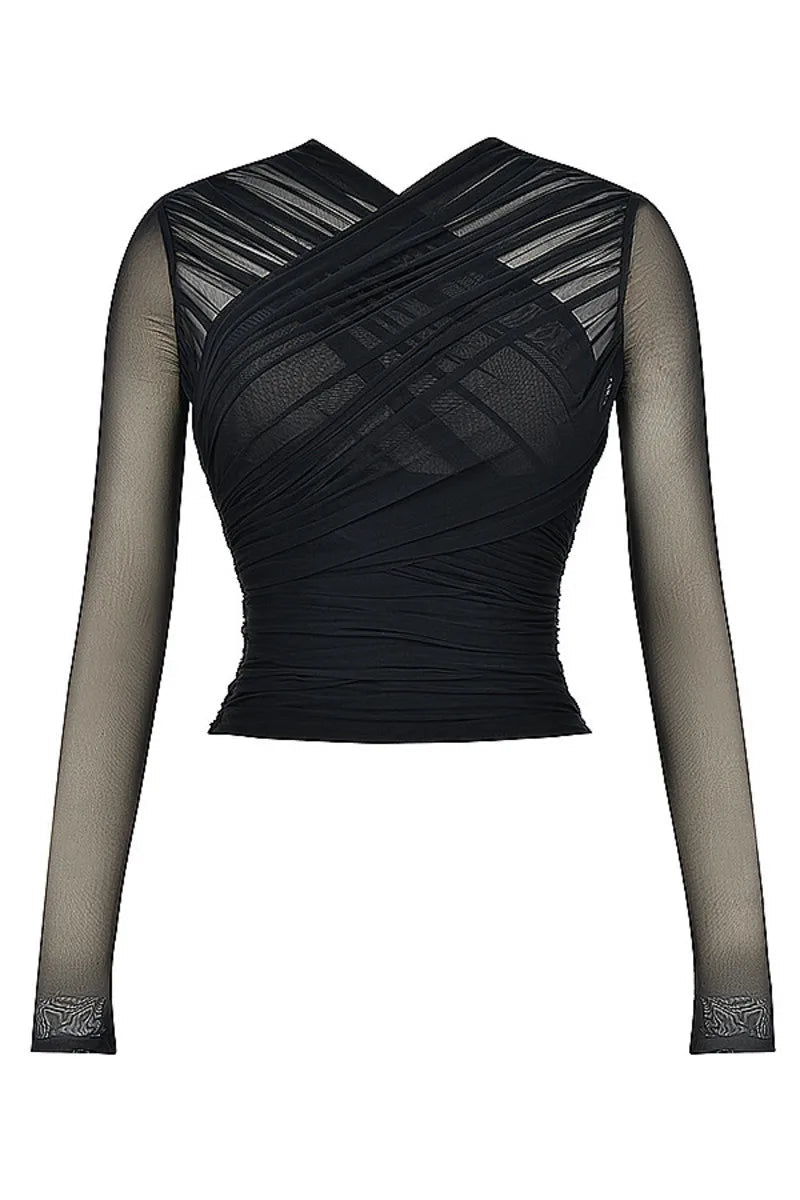 T Shirt – Sheer Mesh Long Sleeve V Neck Zipper Detail With Layered Skinny Fit For Club Party Style - SN Wigs & More