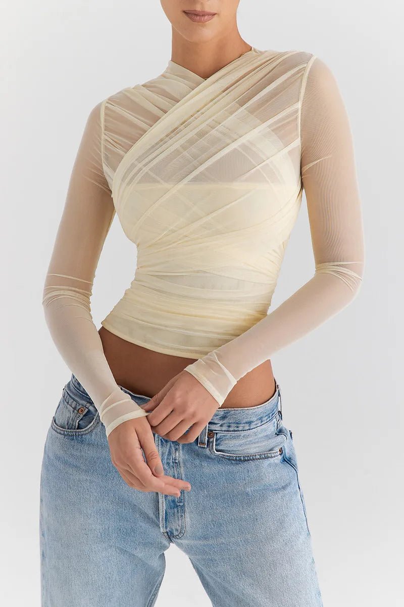 T Shirt – Sheer Mesh Long Sleeve V Neck Zipper Detail With Layered Skinny Fit For Club Party Style - SN Wigs & More