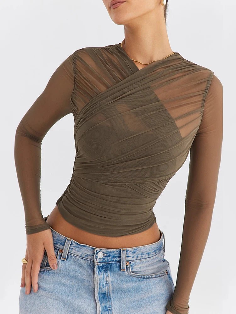 T Shirt – Sheer Mesh Long Sleeve V Neck Zipper Detail With Layered Skinny Fit For Club Party Style - SN Wigs & More