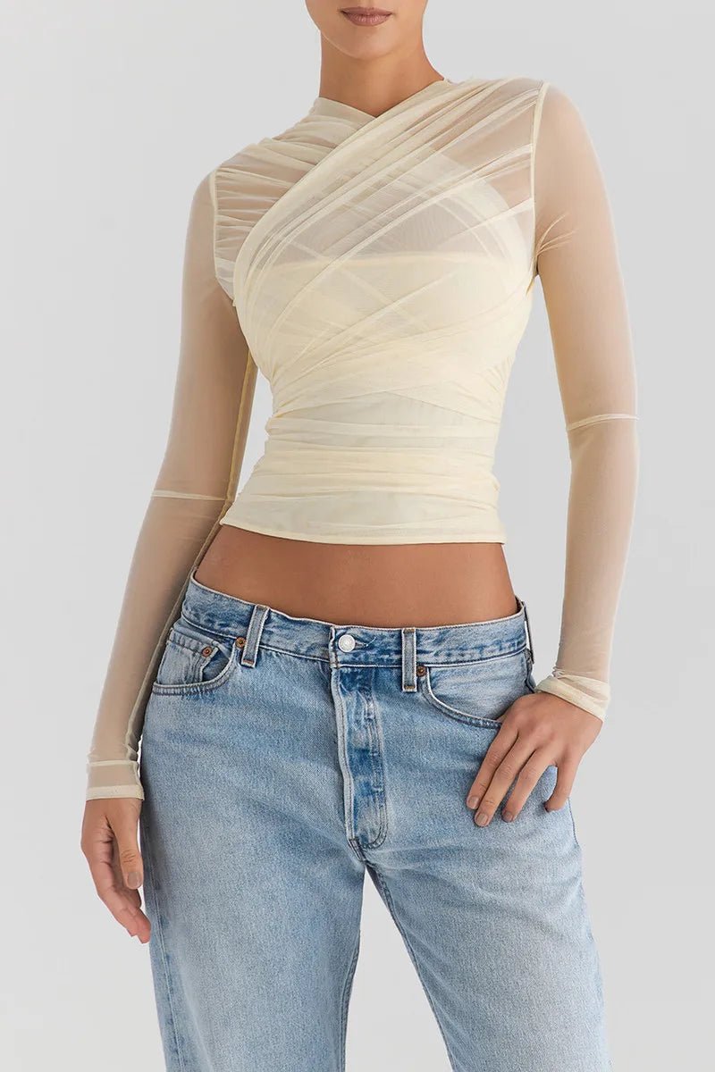 T Shirt – Sheer Mesh Long Sleeve V Neck Zipper Detail With Layered Skinny Fit For Club Party Style - SN Wigs & More