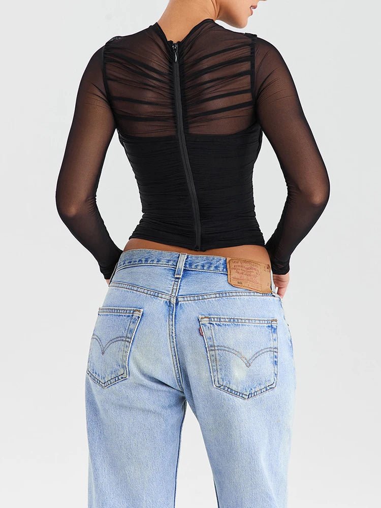 T Shirt – Sheer Mesh Long Sleeve V Neck Zipper Detail With Layered Skinny Fit For Club Party Style - SN Wigs & More