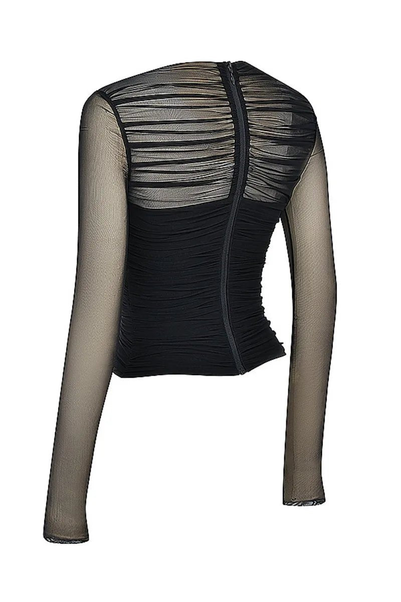 T Shirt – Sheer Mesh Long Sleeve V Neck Zipper Detail With Layered Skinny Fit For Club Party Style - SN Wigs & More