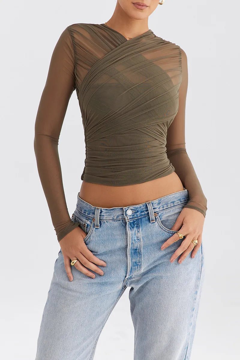 T Shirt – Sheer Mesh Long Sleeve V Neck Zipper Detail With Layered Skinny Fit For Club Party Style - SN Wigs & More