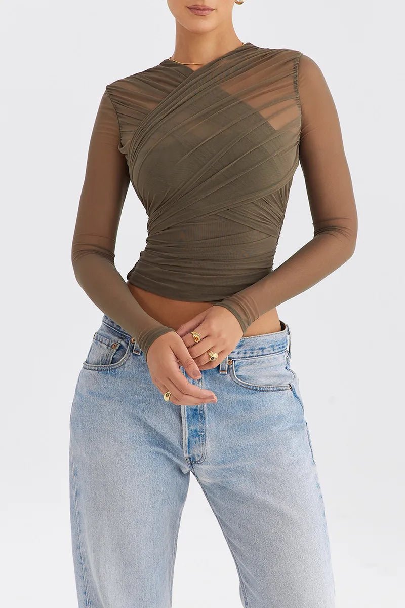 T Shirt – Sheer Mesh Long Sleeve V Neck Zipper Detail With Layered Skinny Fit For Club Party Style - SN Wigs & More