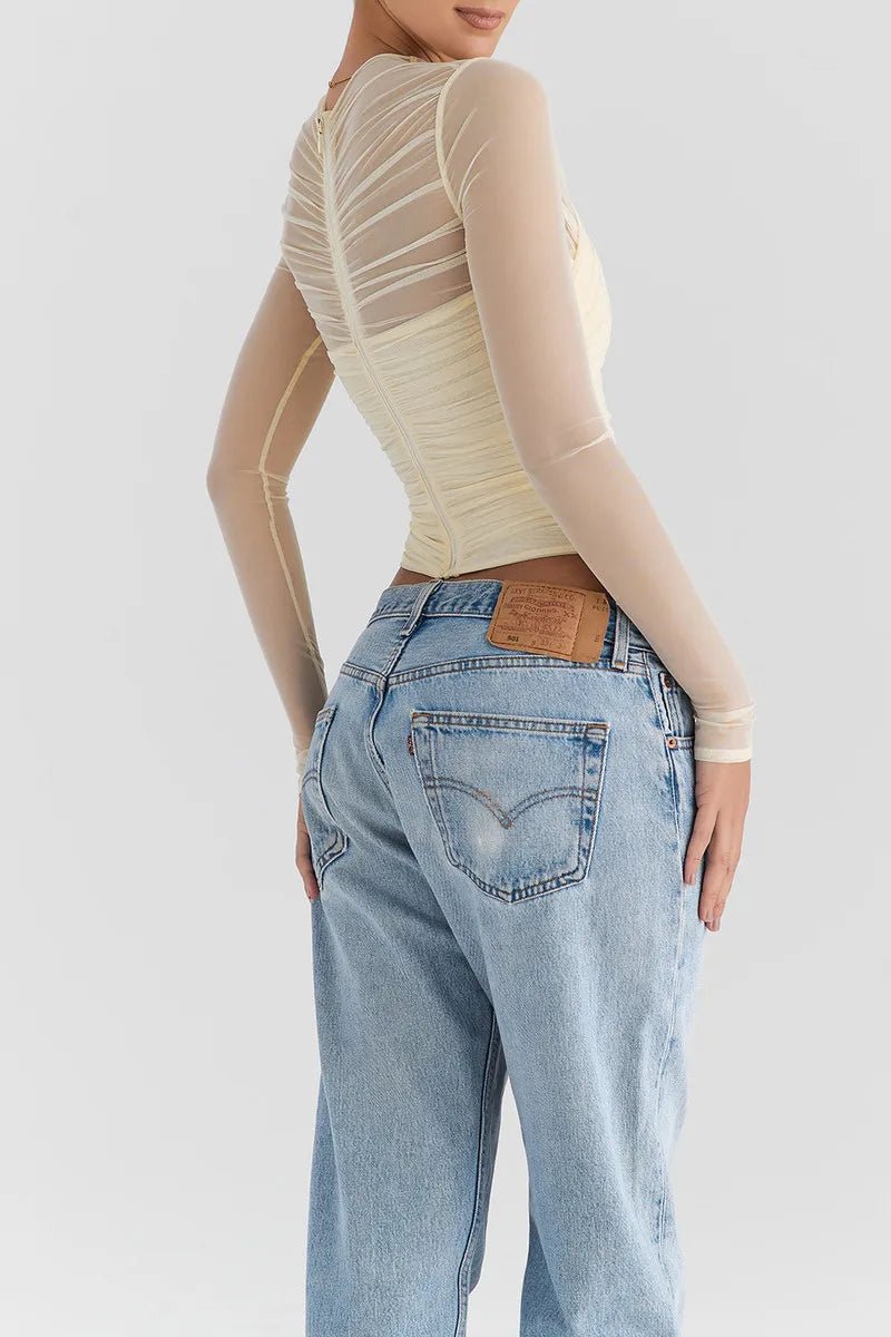 T Shirt – Sheer Mesh Long Sleeve V Neck Zipper Detail With Layered Skinny Fit For Club Party Style - SN Wigs & More