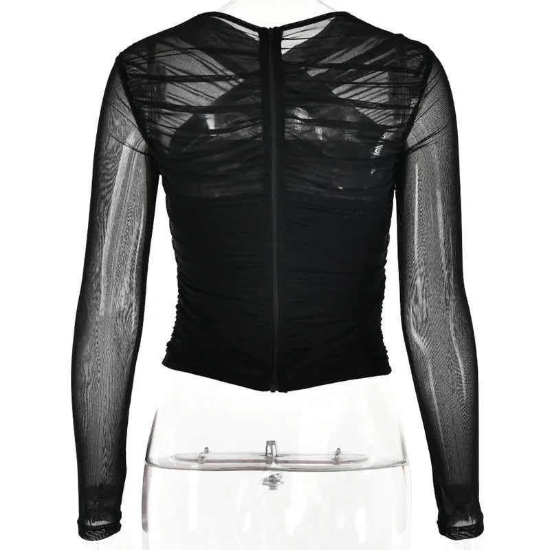 T Shirt – Sheer Mesh Long Sleeve V Neck Zipper Detail With Layered Skinny Fit For Club Party Style - SN Wigs & More
