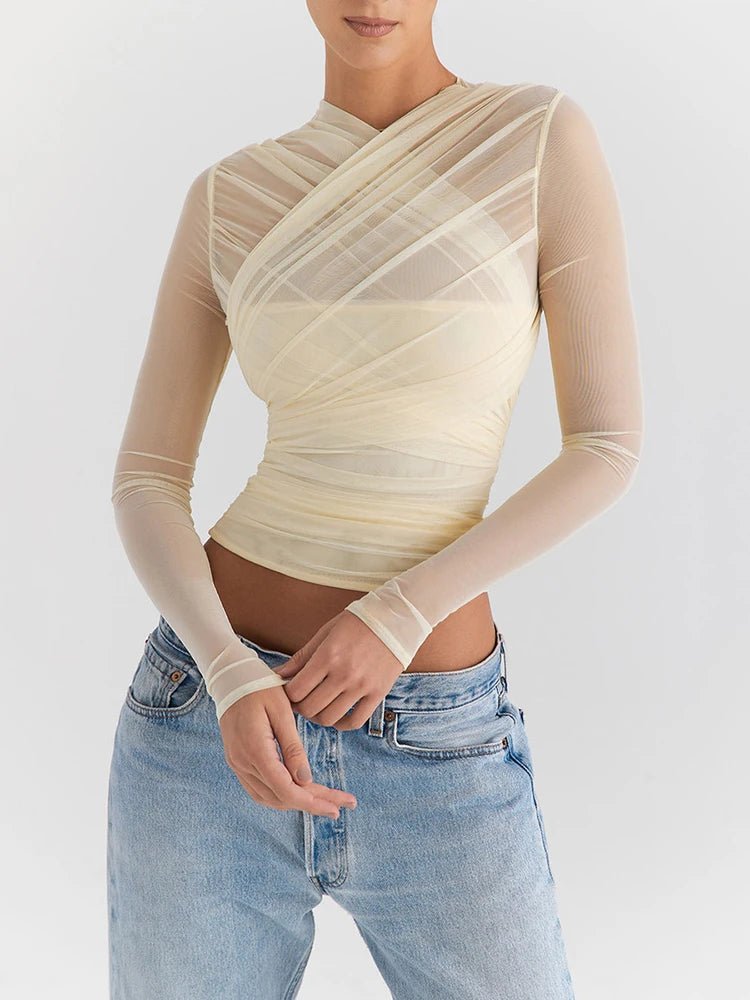 T Shirt – Sheer Mesh Long Sleeve V Neck Zipper Detail With Layered Skinny Fit For Club Party Style - SN Wigs & More