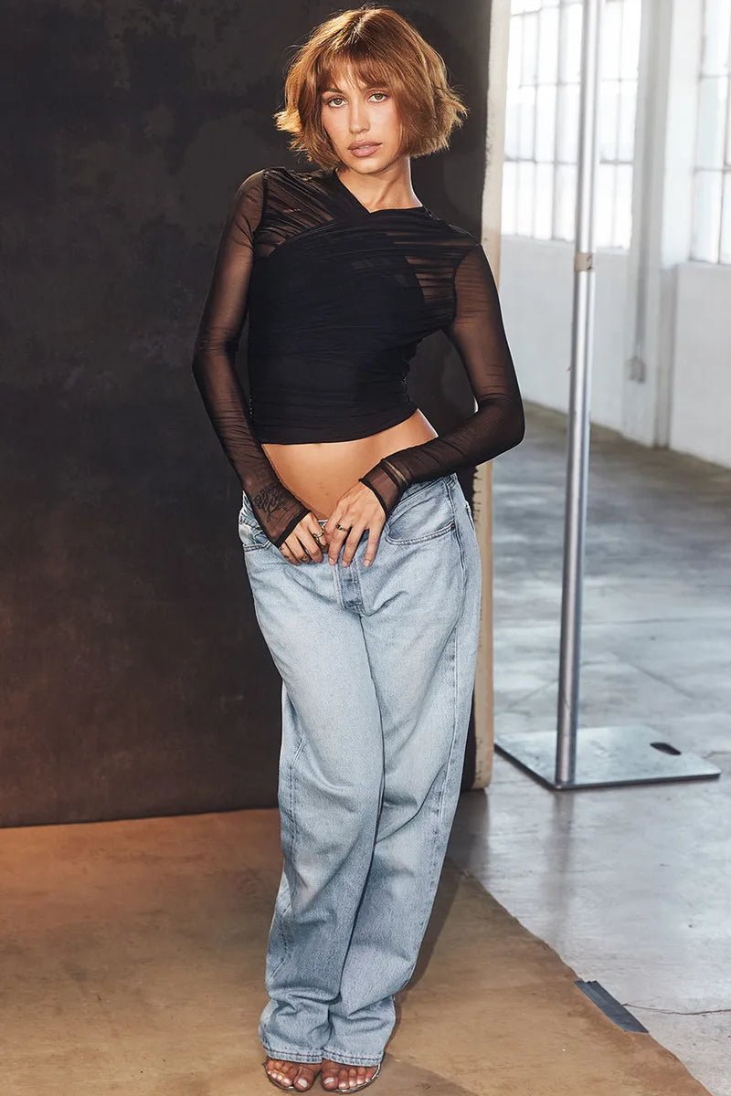 T Shirt – Sheer Mesh Long Sleeve V Neck Zipper Detail With Layered Skinny Fit For Club Party Style - SN Wigs & More