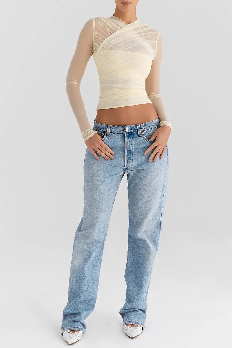 T Shirt – Sheer Mesh Long Sleeve V Neck Zipper Detail With Layered Skinny Fit For Club Party Style - SN Wigs & More