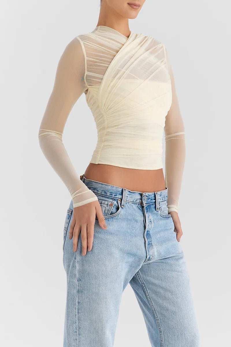 T Shirt – Sheer Mesh Long Sleeve V Neck Zipper Detail With Layered Skinny Fit For Club Party Style - SN Wigs & More