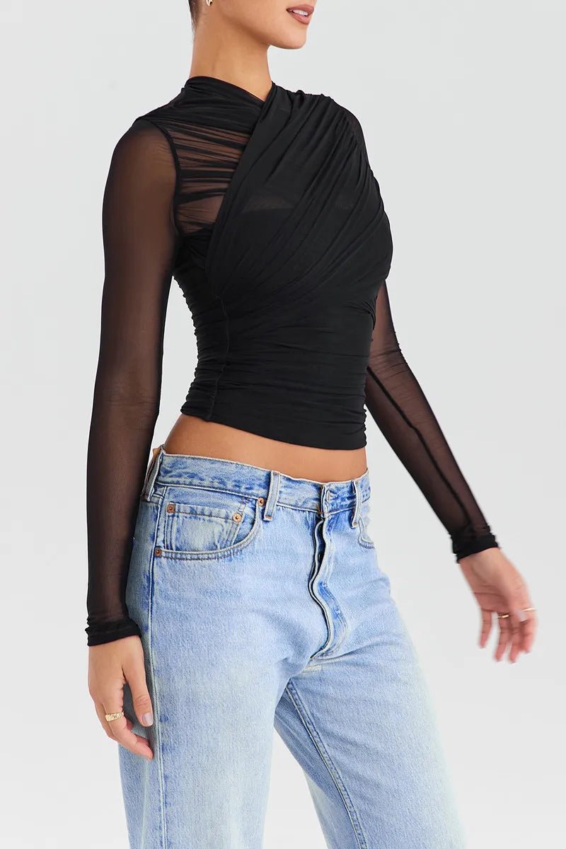 T Shirt – Sheer Mesh Long Sleeve V Neck Zipper Detail With Layered Skinny Fit For Club Party Style - SN Wigs & More
