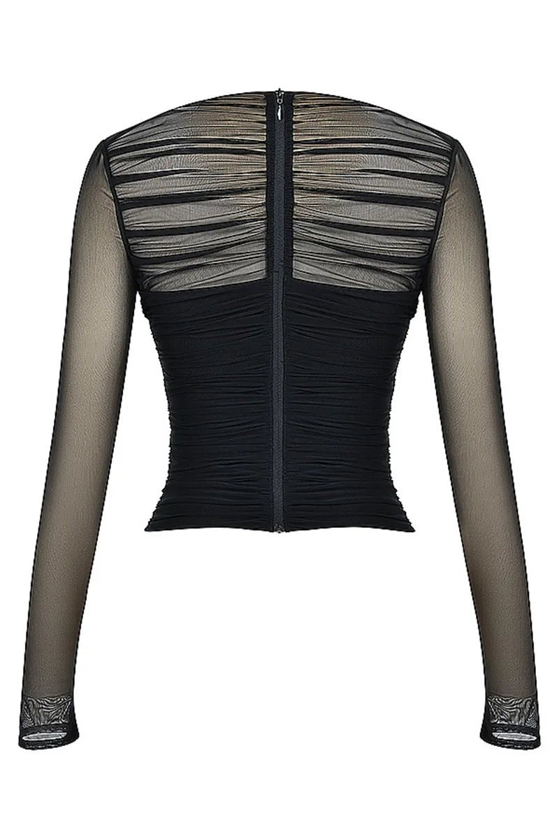 T Shirt – Sheer Mesh Long Sleeve V Neck Zipper Detail With Layered Skinny Fit For Club Party Style - SN Wigs & More