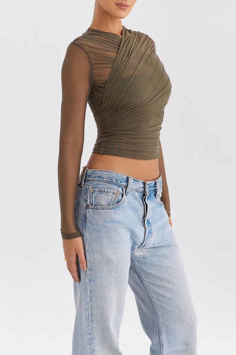 T Shirt – Sheer Mesh Long Sleeve V Neck Zipper Detail With Layered Skinny Fit For Club Party Style - SN Wigs & More