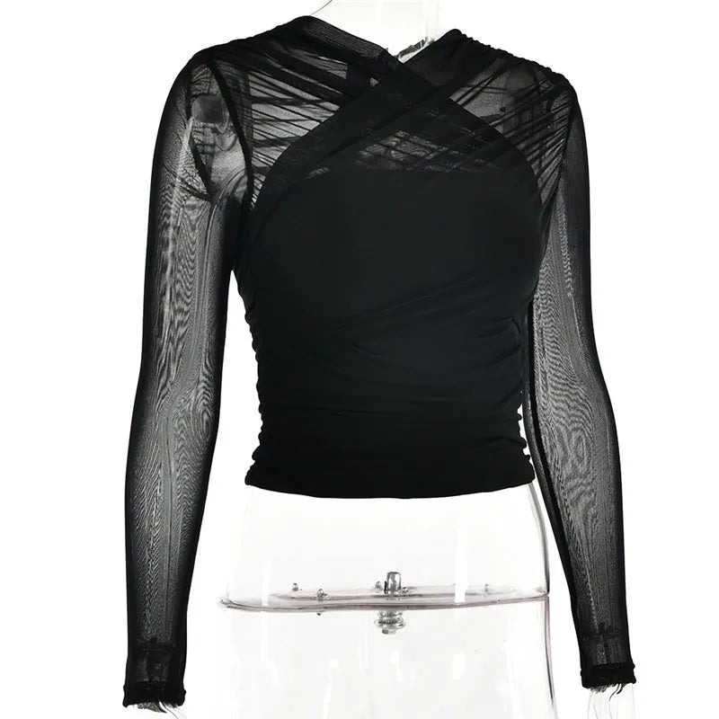 T Shirt – Sheer Mesh Long Sleeve V Neck Zipper Detail With Layered Skinny Fit For Club Party Style - SN Wigs & More