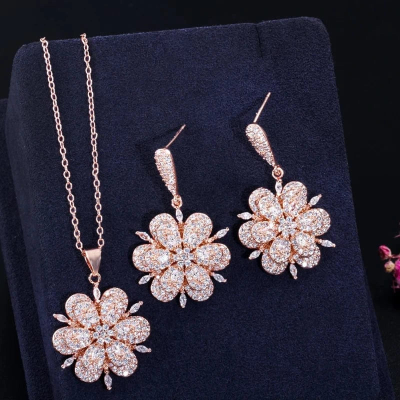 T0023 High Quality 3D Design Chic CZ Zirconia Crystal Rose Gold Color Flower Drop Earrings and Necklace Women Engagement Jewelry Sets