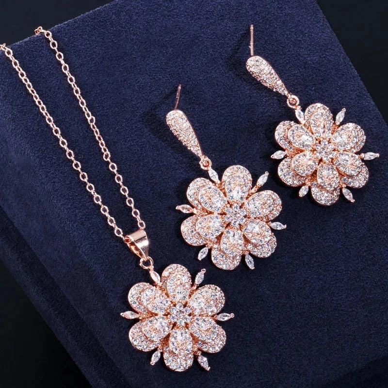 T0023 High Quality 3D Design Chic CZ Zirconia Crystal Rose Gold Color Flower Drop Earrings and Necklace Women Engagement Jewelry Sets