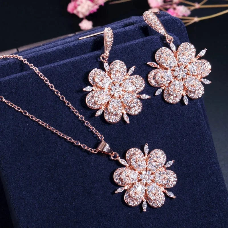T0023 High Quality 3D Design Chic CZ Zirconia Crystal Rose Gold Color Flower Drop Earrings and Necklace Women Engagement Jewelry Sets