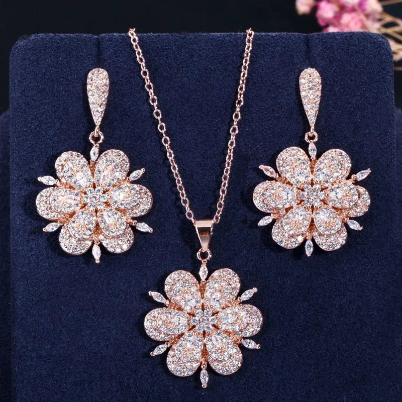 T0023 High Quality 3D Design Chic CZ Zirconia Crystal Rose Gold Color Flower Drop Earrings and Necklace Women Engagement Jewelry Sets
