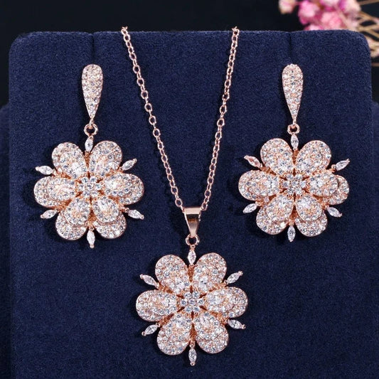 T0023 High Quality 3D Design Chic CZ Zirconia Crystal Rose Gold Color Flower Drop Earrings and Necklace Women Engagement Jewelry Sets