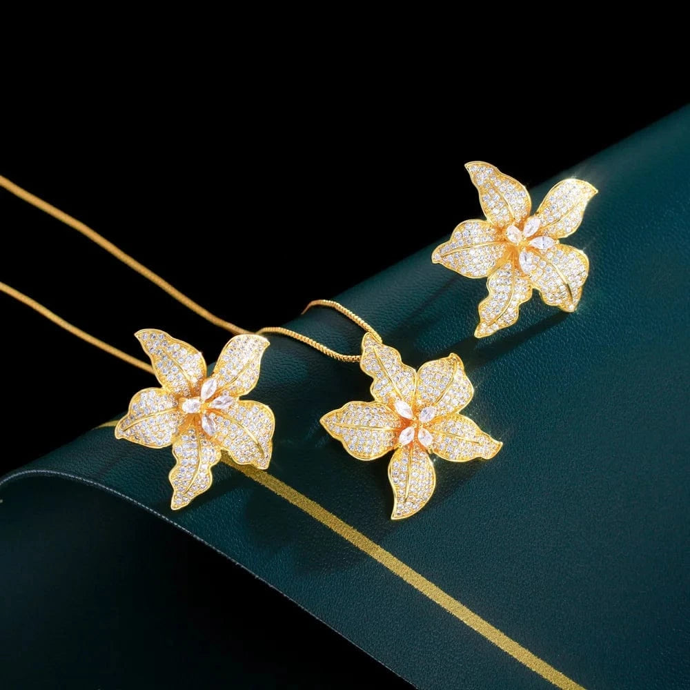 T0186-HuangJin Shiny CZ Stone Big Flower Engagement African Fashion Jewelry Set for Women Micro Setting Zircon Flowers Necklace and Earrings