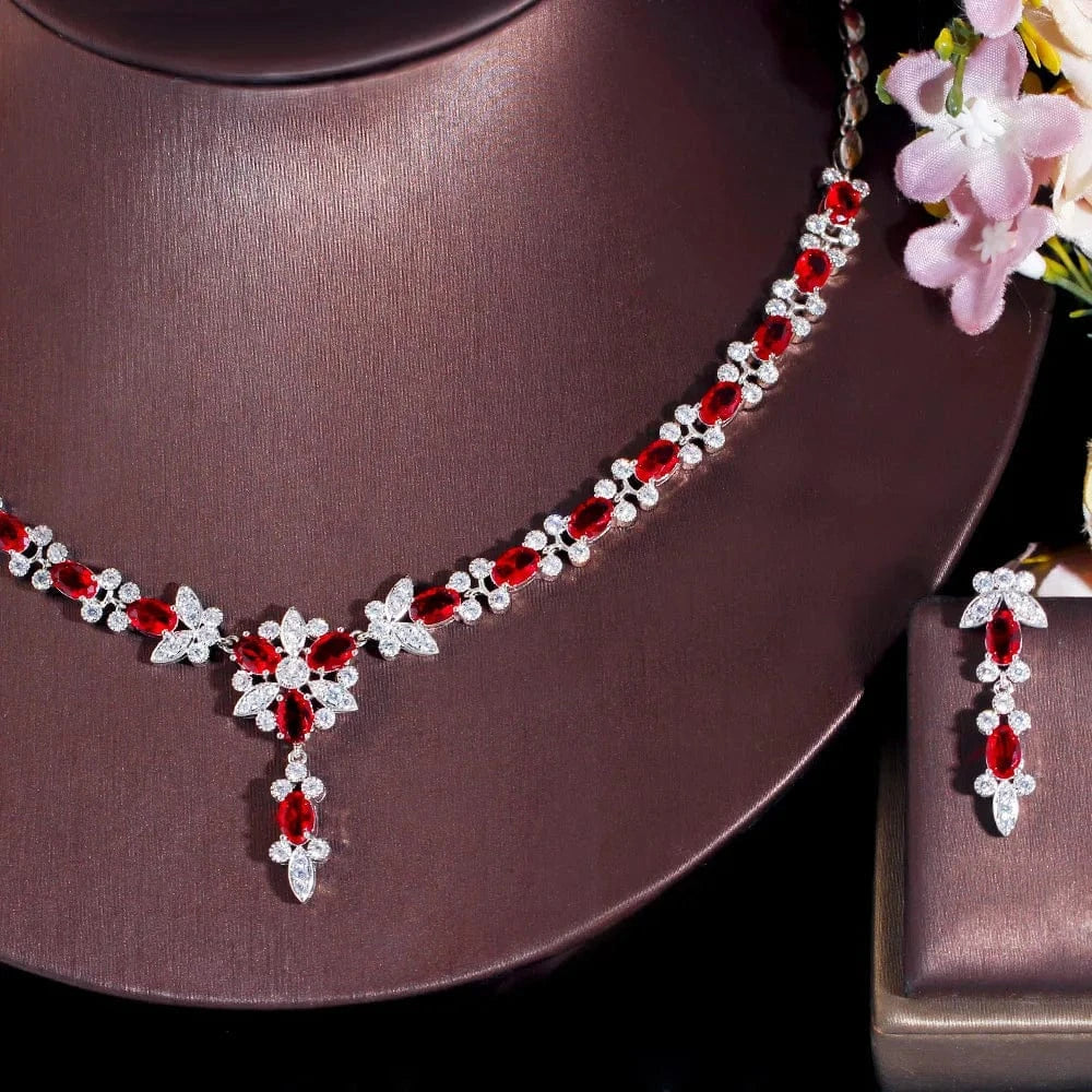 T0852 Elegant CZ Jewelry Oval Cut Ruby Cubic Zircon Stone Women Party Flower Red Crystal Necklace and Earrings Sets for Brides Wedding