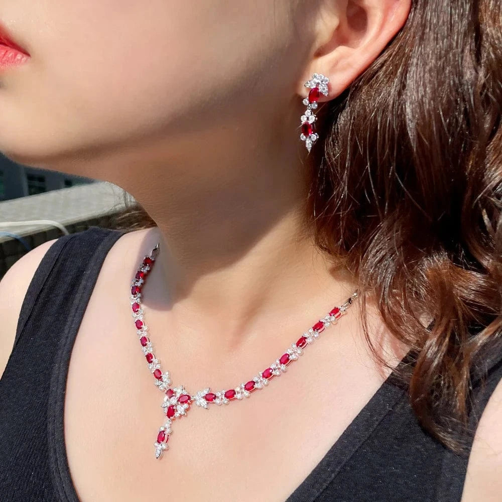 T0852 Elegant CZ Jewelry Oval Cut Ruby Cubic Zircon Stone Women Party Flower Red Crystal Necklace and Earrings Sets for Brides Wedding