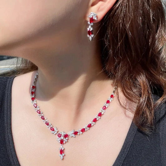 T0852 Elegant CZ Jewelry Oval Cut Ruby Cubic Zircon Stone Women Party Flower Red Crystal Necklace and Earrings Sets for Brides Wedding