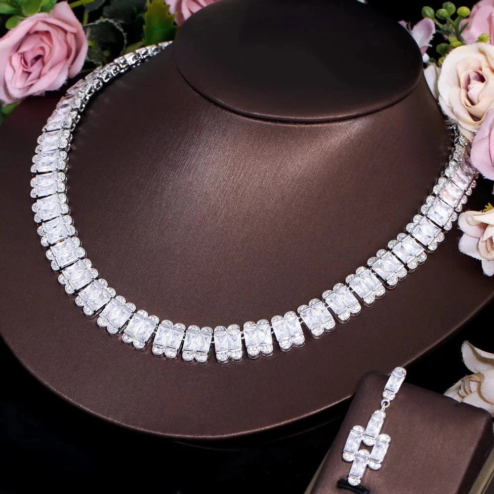 T0913 Top Quality  White Rectangle Cubic Zirconia Chunky Luxury Tennis Bridal Wedding Party Choker Necklace Jewelry Sets for Women