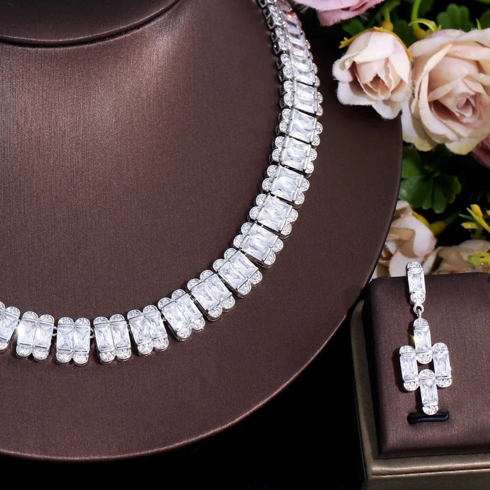 T0913 Top Quality  White Rectangle Cubic Zirconia Chunky Luxury Tennis Bridal Wedding Party Choker Necklace Jewelry Sets for Women