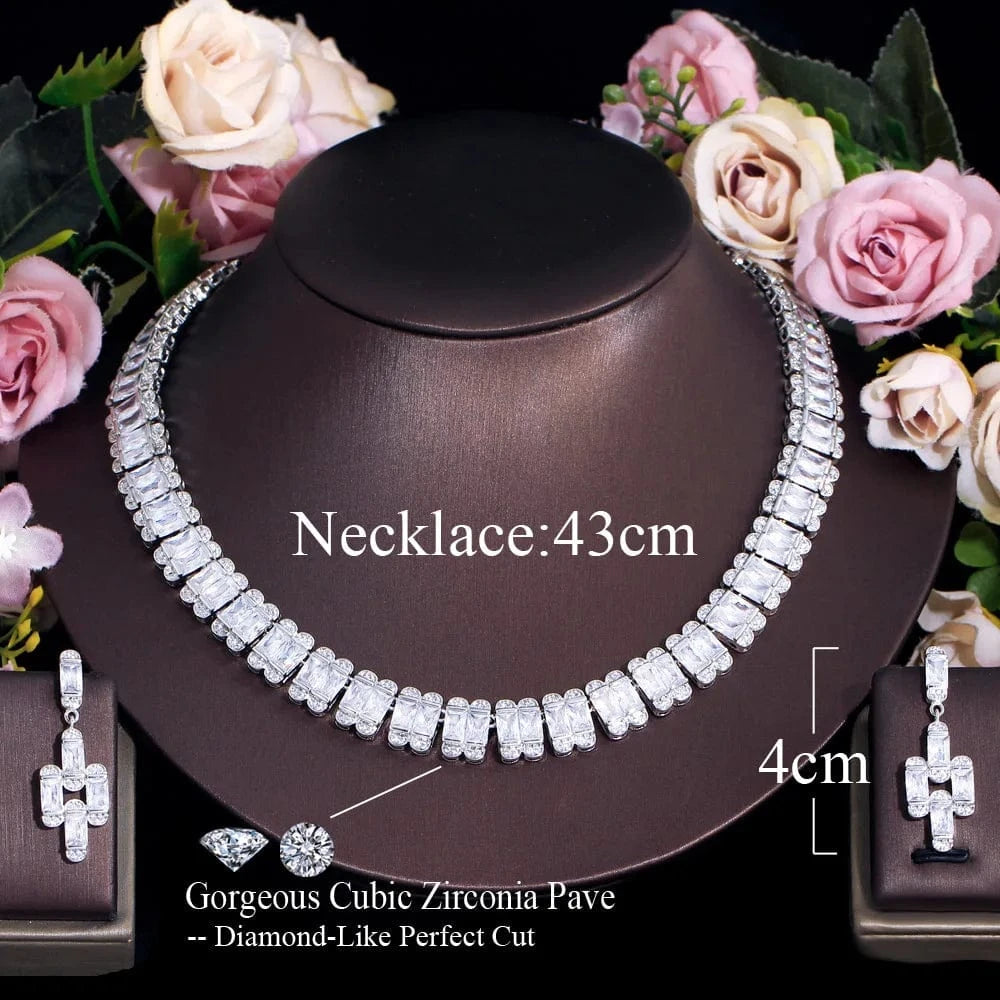 T0913 Top Quality  White Rectangle Cubic Zirconia Chunky Luxury Tennis Bridal Wedding Party Choker Necklace Jewelry Sets for Women