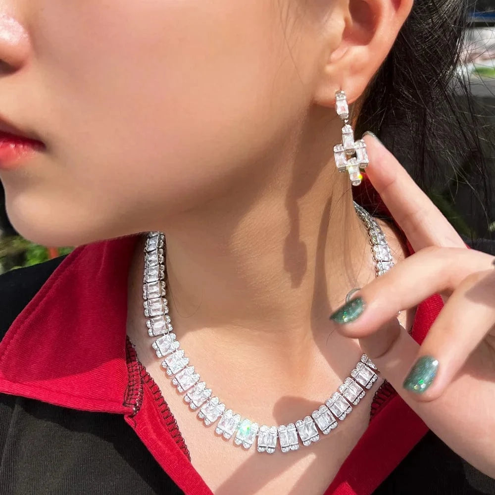 T0913 Top Quality  White Rectangle Cubic Zirconia Chunky Luxury Tennis Bridal Wedding Party Choker Necklace Jewelry Sets for Women