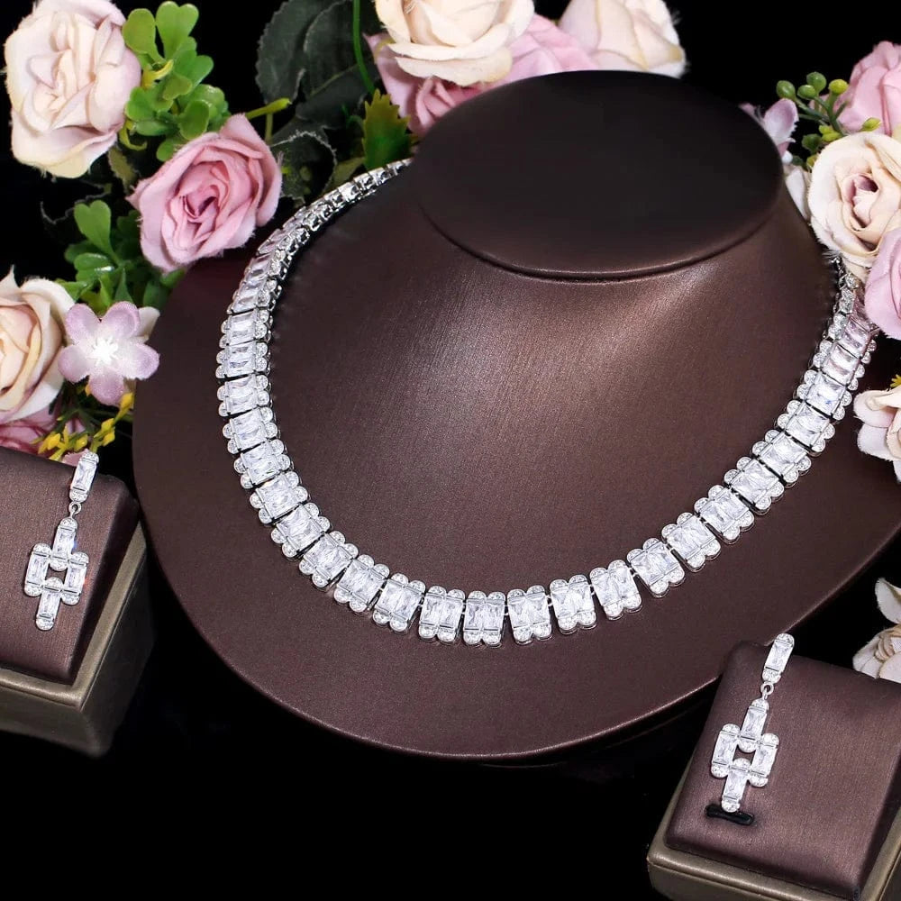 T0913 Top Quality  White Rectangle Cubic Zirconia Chunky Luxury Tennis Bridal Wedding Party Choker Necklace Jewelry Sets for Women